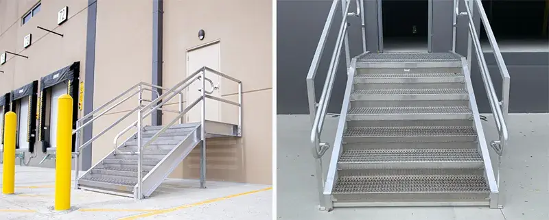 prefabricated aluminum loading dock stairs outside distribution center