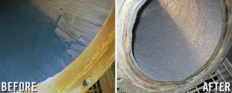 abrasion damage to pipe interior is repaired with specialized epoxy metal compound before and after example