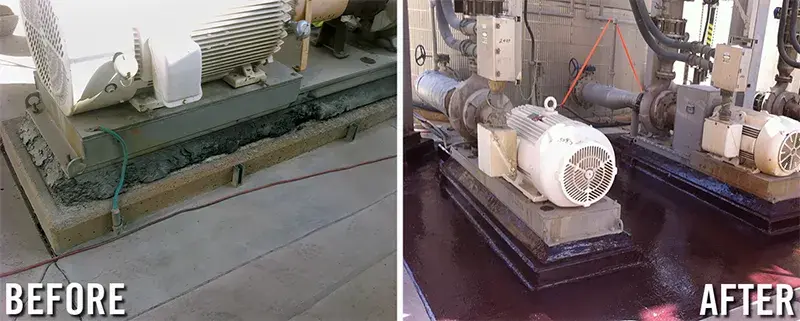 crumbling pump pedestal is rebuilt with epoxy mortar and protective coated
