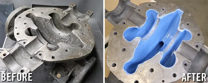 corroded split case water pump is rebuilt and coated with hydrophobic material to increase flow efficiency