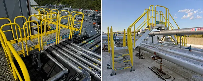 rooftop crossover stairs provide safe access over pipes and ducts