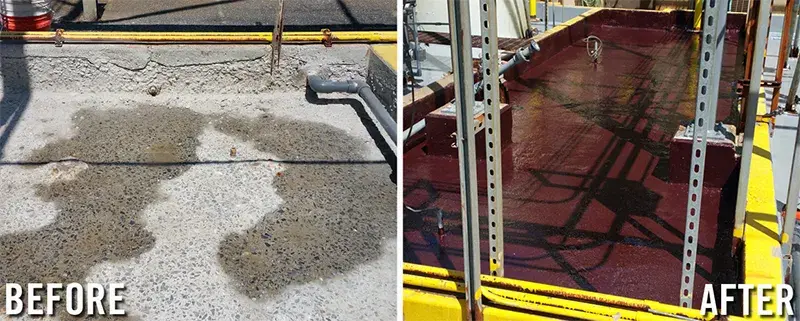 containment area with deteriorated concrete is repaired and protective coated before and after example