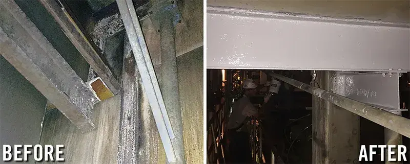 corroded steel support beams are restored and protective coated