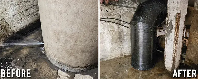 water pipe with spraying leak is restored with carbon fiber and resin pipe wrap