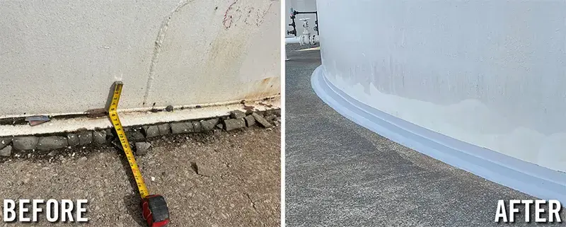 crumbling grout seal at tank base is replaced with specialized elastomeric waterproof seal