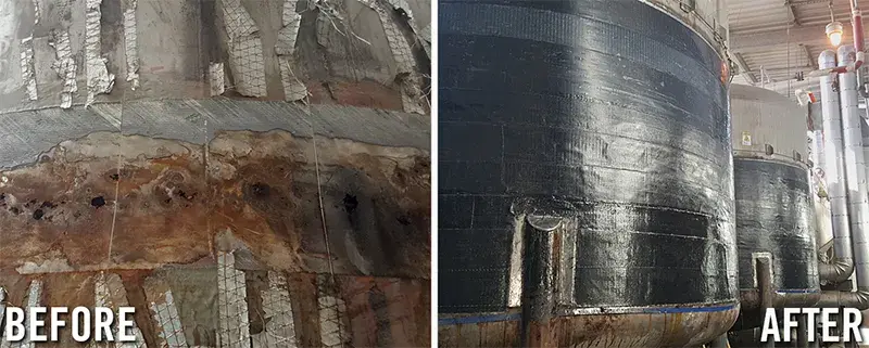 severly corroded tank with holes is repaired using specialized carbon fiber and epoxy resin wrap system