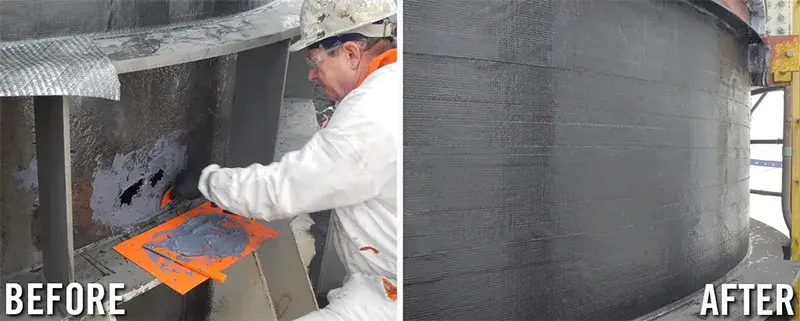holes in storage tank wall repaired with epoxy resin and compound carbon fiber wrap before and after