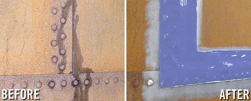 leaky riveted tank seam is sealed with elastomeric compound