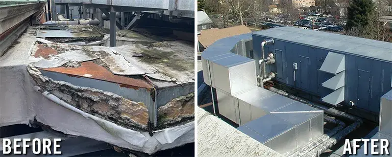 exterior insulated hvac duct example showing deteriorated insulation and replacement insulation