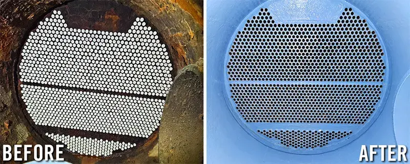tube sheet corrosion repair and protective coating application before and after