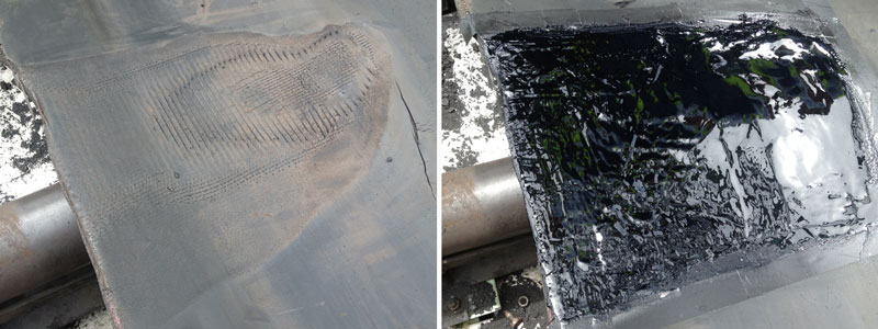 torn  conveyor belt repair before and after