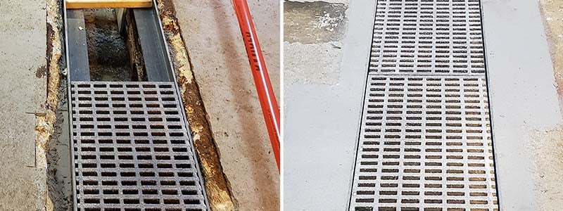 fast cure epoxy mortar repair of crumbled concrete around drain grate