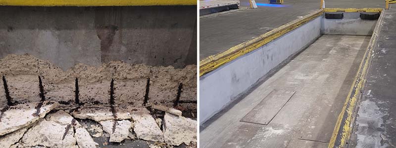 spalled concrete repair of loading dock pit walls