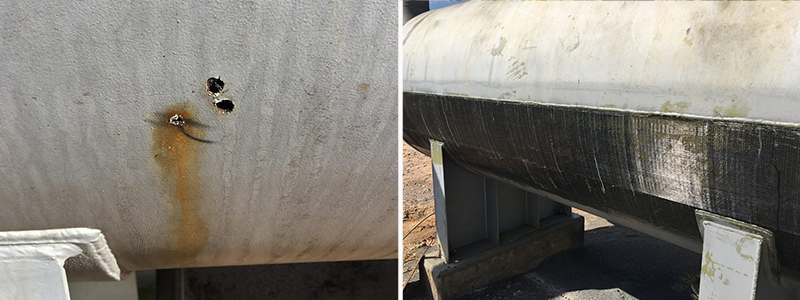 holes in storage tank wall repaired with epocy compound wrap