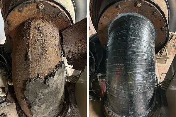 corrosion under insulation before and after repair example showing rusty pipe and carbon fiber wrap solution