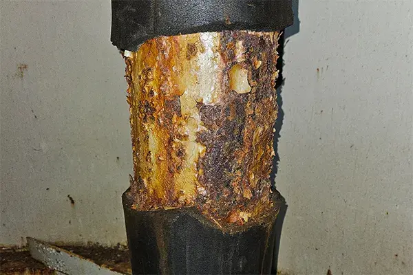 corrosion under insulation on pedesphere tank pipe is revealed under black foam insulation