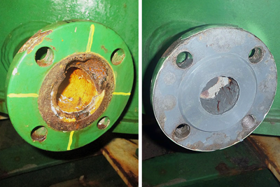 before and after comparison of damaged flange face rebuild