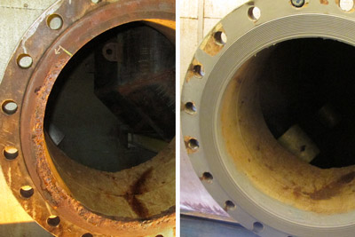 before and after of large pipe flange face repair