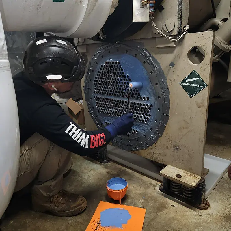 belzona chiller repair work in process with a technician applying belzona coating to restore and protect a tube sheet