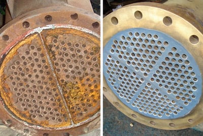 Example of corroded tube sheet is rebuilt with epoxy metal repair and protective coated to prevent future corrosion