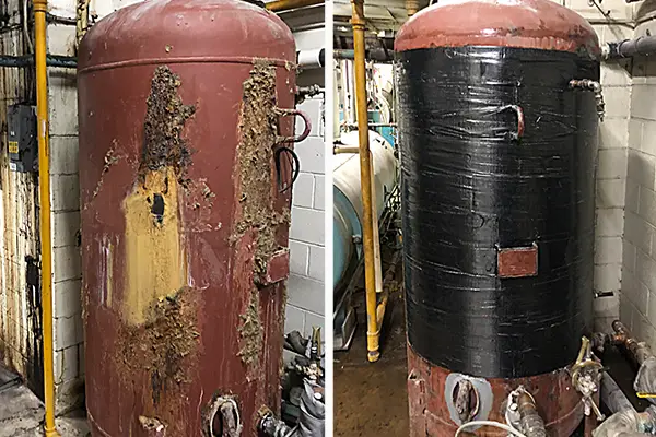 hot water tank corrosion repaired with composite wrap