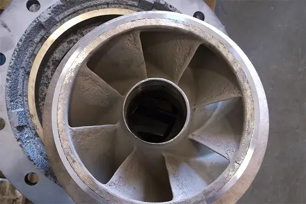 irrigation pump bowl and impeller with pitting and cavitation damage