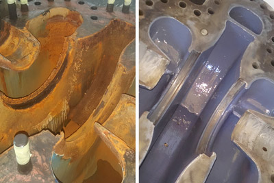 corroded pump volutre repaired with belzona and coated to restore lost efficiency