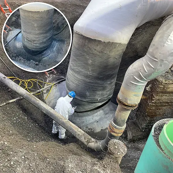 cracked fiberglass cooling tower pipe excavated for repair work
