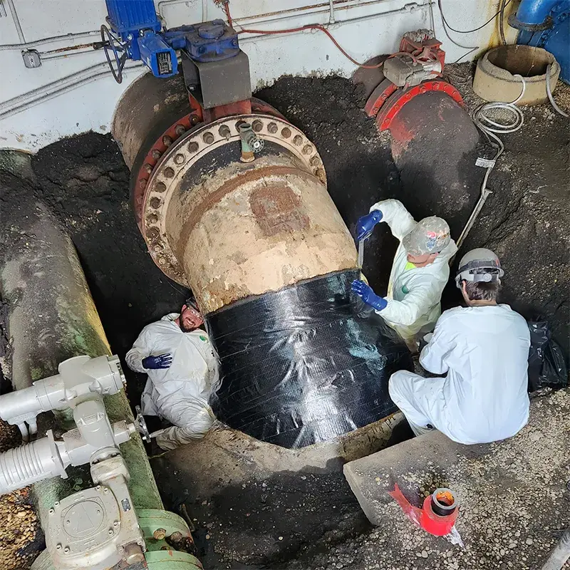 BIG crew at work on soil line pipe corrosion repair using belzona composite superwrap